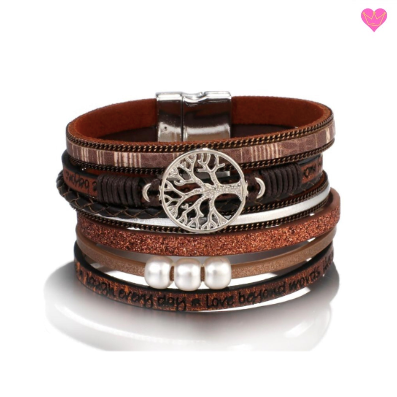 Bracelet simili-cuir wrap multilanière avec arbre de vie pour femme - fermoir magnétique - coloris marron