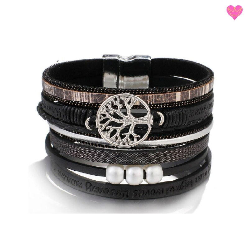 Bracelet simili-cuir wrap multilanière avec arbre de vie pour femme - fermoir magnétique - coloris noir