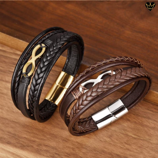 Bracelet avec symbole de l'infini en acier inoxydable pour homme - cuir véritable
