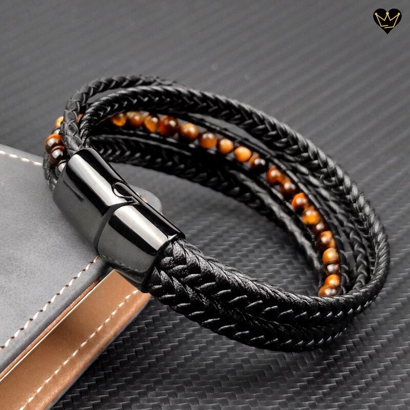 Bracelet top qualité en lanière de cuir tressé avec superbes perles oeil de tigre - fermoir magnétique