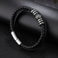 Bracelet en véritable cuir noir avec perle charm de style gothique en acier inoxydable argenté