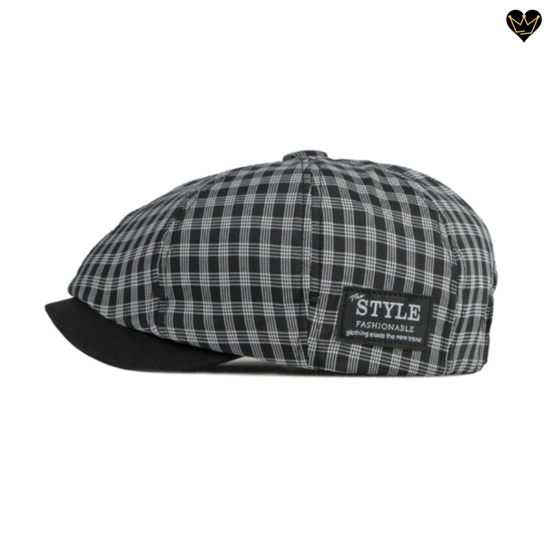 Casquette irlandaise buddy béret plat à carreaux avec visière large en coton et polyester de qualité - coloris noir gris