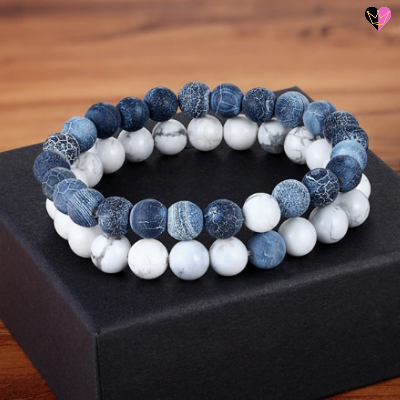 Bracelets unisexe perles pierres howlite blanche et bleu acier