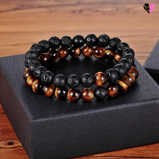 Bracelets unisexe perles pierres lave noire et oeil de tigre marron