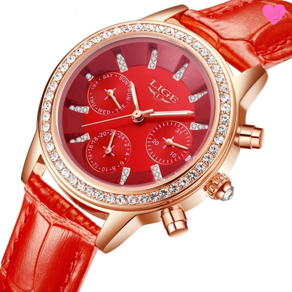 Montre LIGE Femme Doré Cristal Diamant avec Bracelet Cuir Rouge