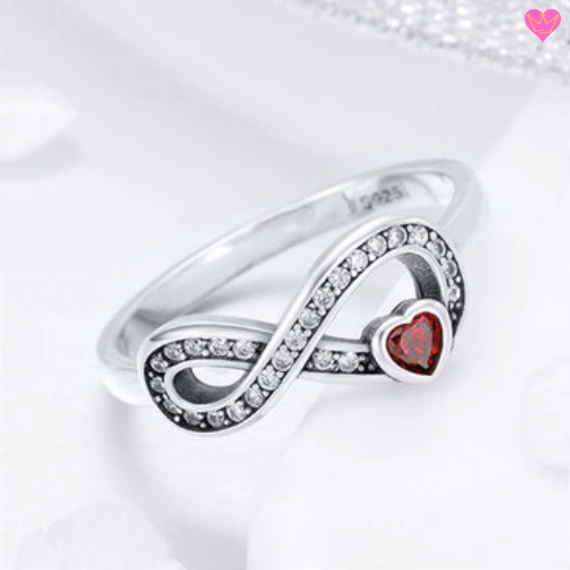 Bague cœur zircone rouge, chic, minimaliste, fine et délicate en argent 925 pour femme avec symbole de l'infini, signe de l'amour éternel en zircone blanc