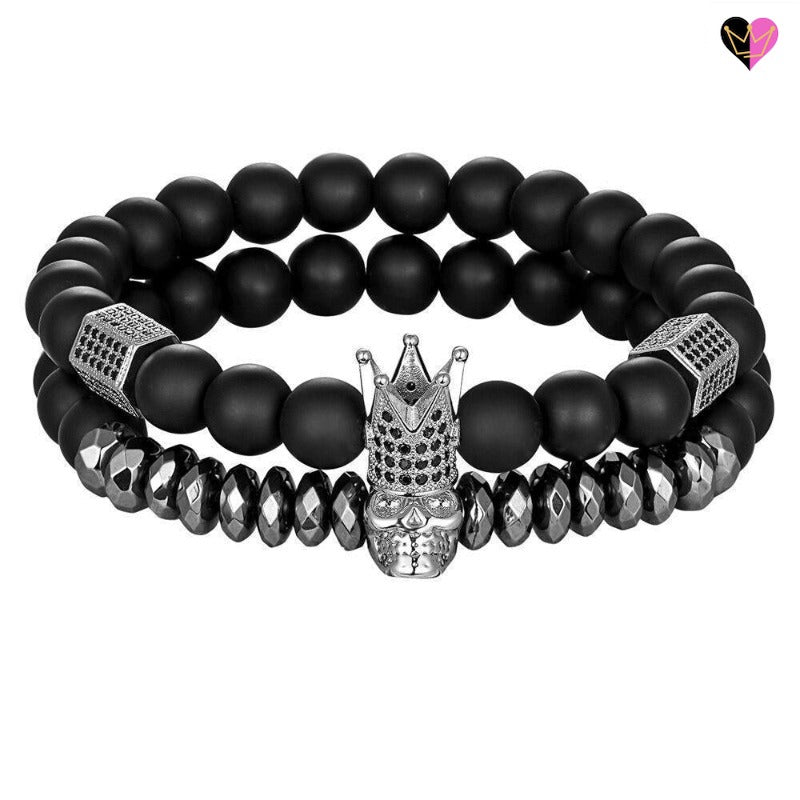 Black Onyx Beads Bracelet with Crown and Skull 