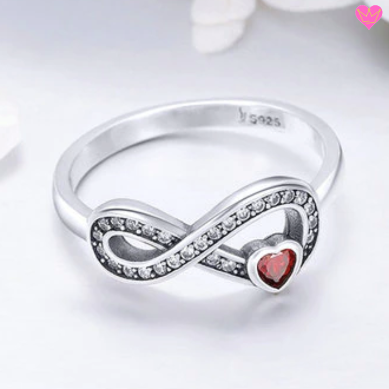 Bague cœur zircone rouge, minimaliste, fine et délicate en argent 925 pour femme avec symbole de l'infini, signe de l'amour éternel en zircone blanc