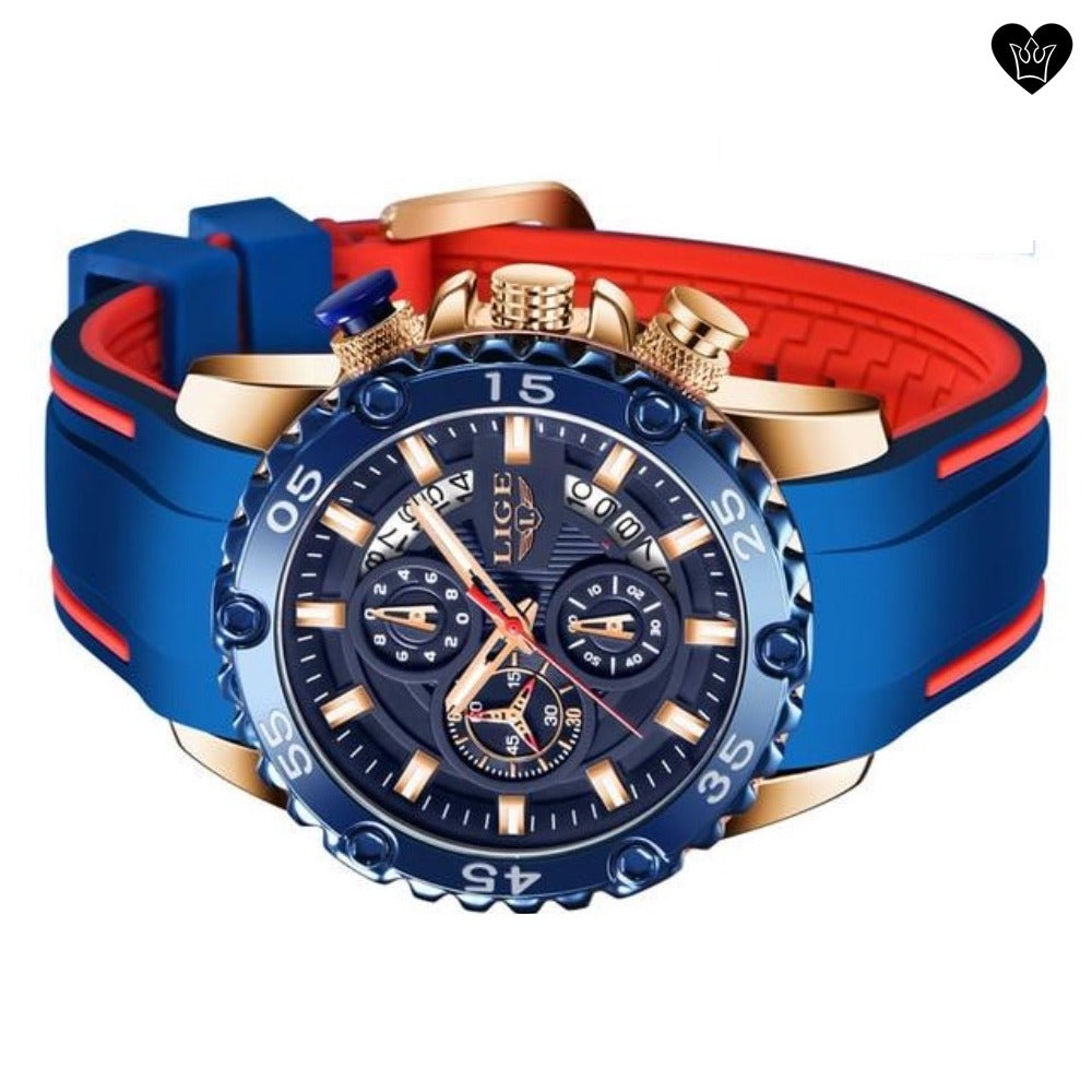 Montre LIGE Homme Sport Etanche Grand Cadran Bracelet Silicone Bleu et Rouge