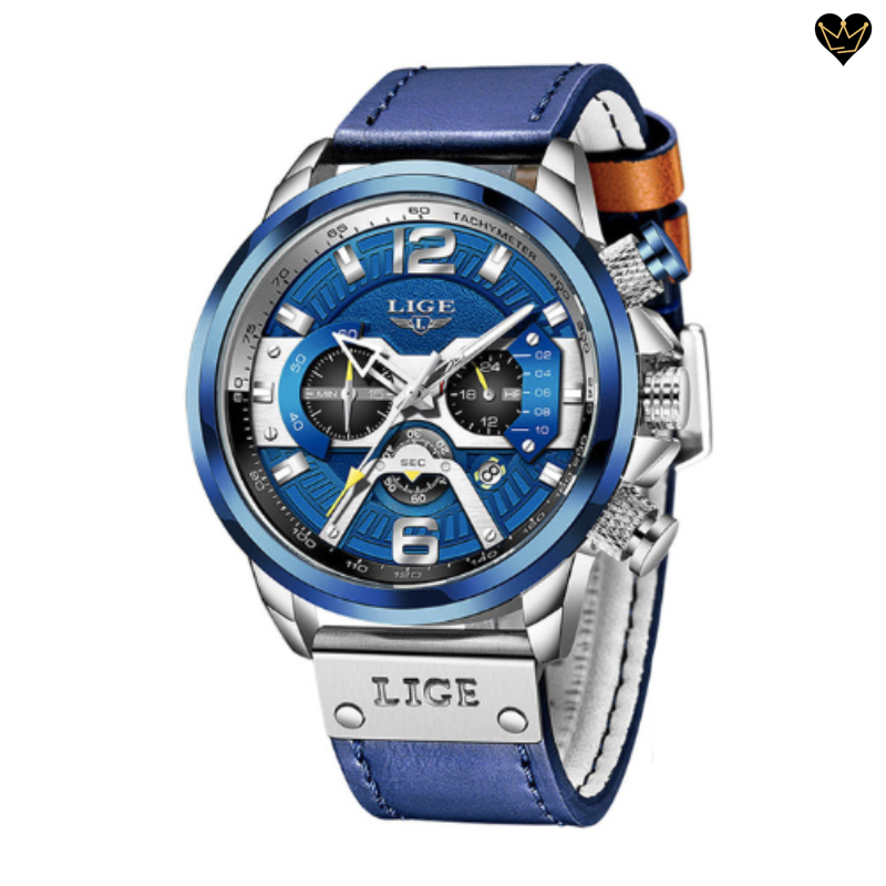 Montre chrono hodler à quartz avec boitier en acier inoxydable bleu et argent - bracelet cuir coloris bleu