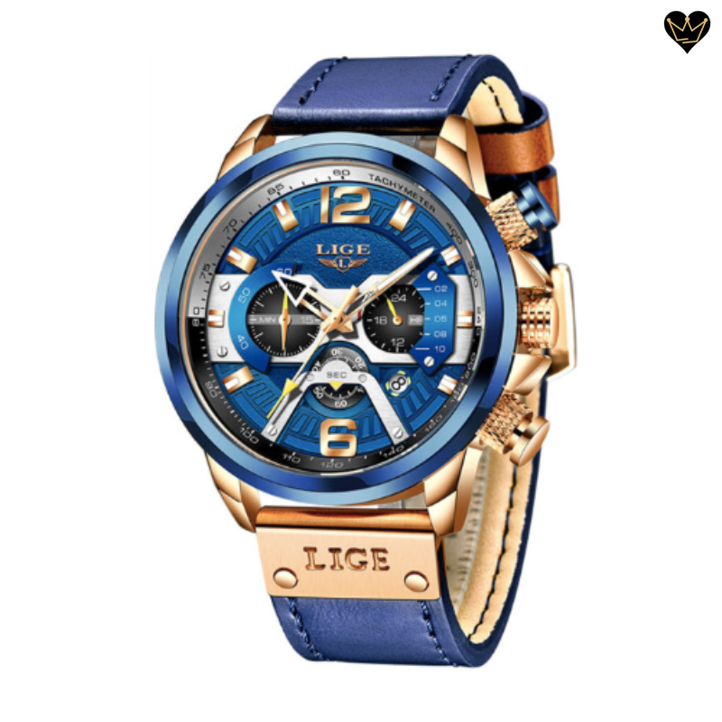 Montre chrono hodler à quartz avec boitier en acier inoxydable bleu et or rose - bracelet cuir coloris bleu